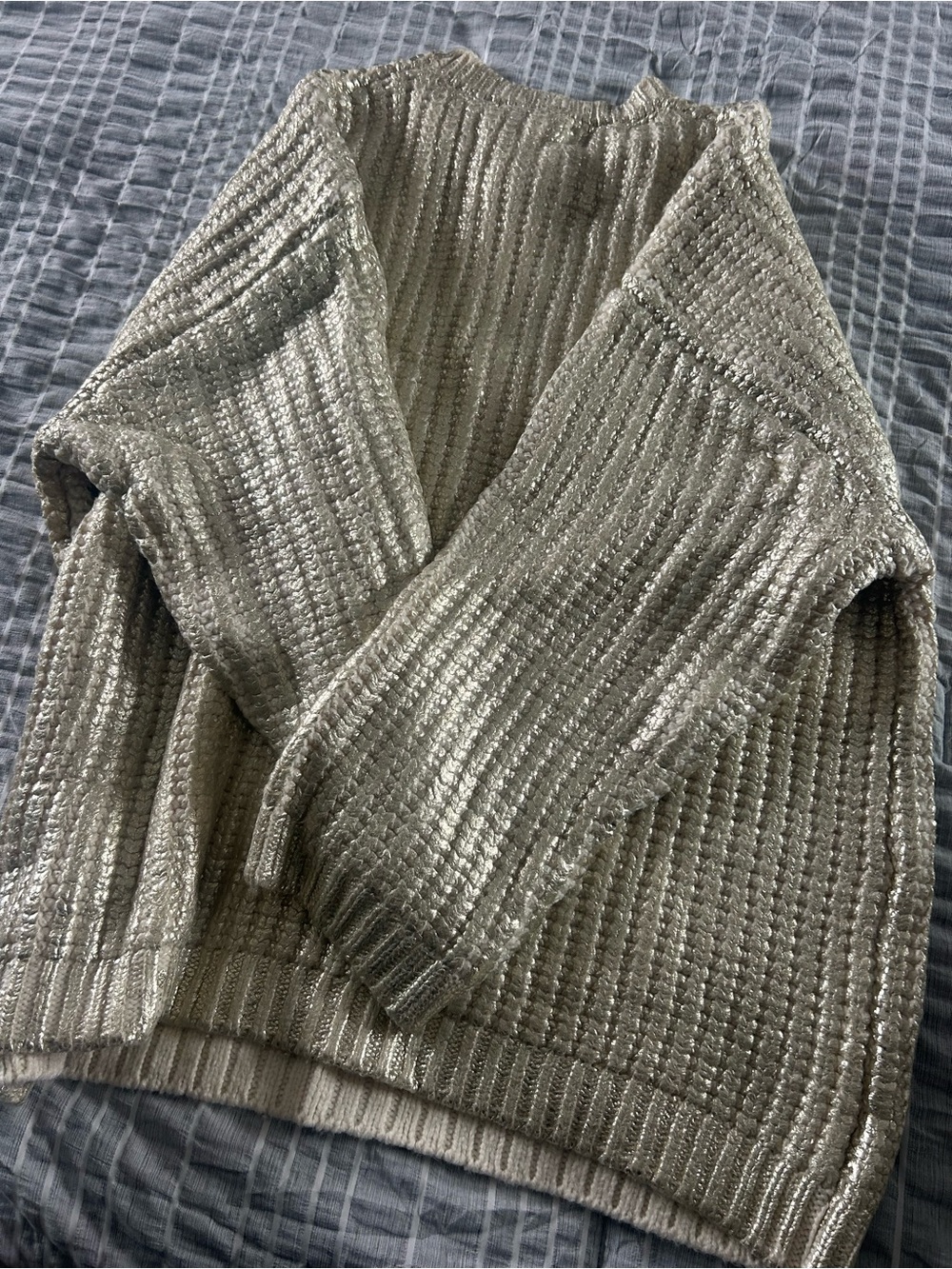 Zara Metallic Silver Ribbed Crewneck Sweater